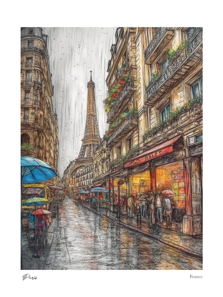 Paris France Drawing Pencil Style 1 Travel Poster