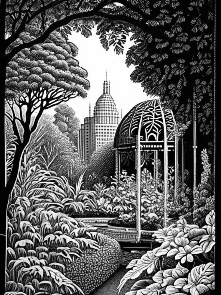 Central Park Conservatory Garden, 1, Usa Linocut Black And White Vintage