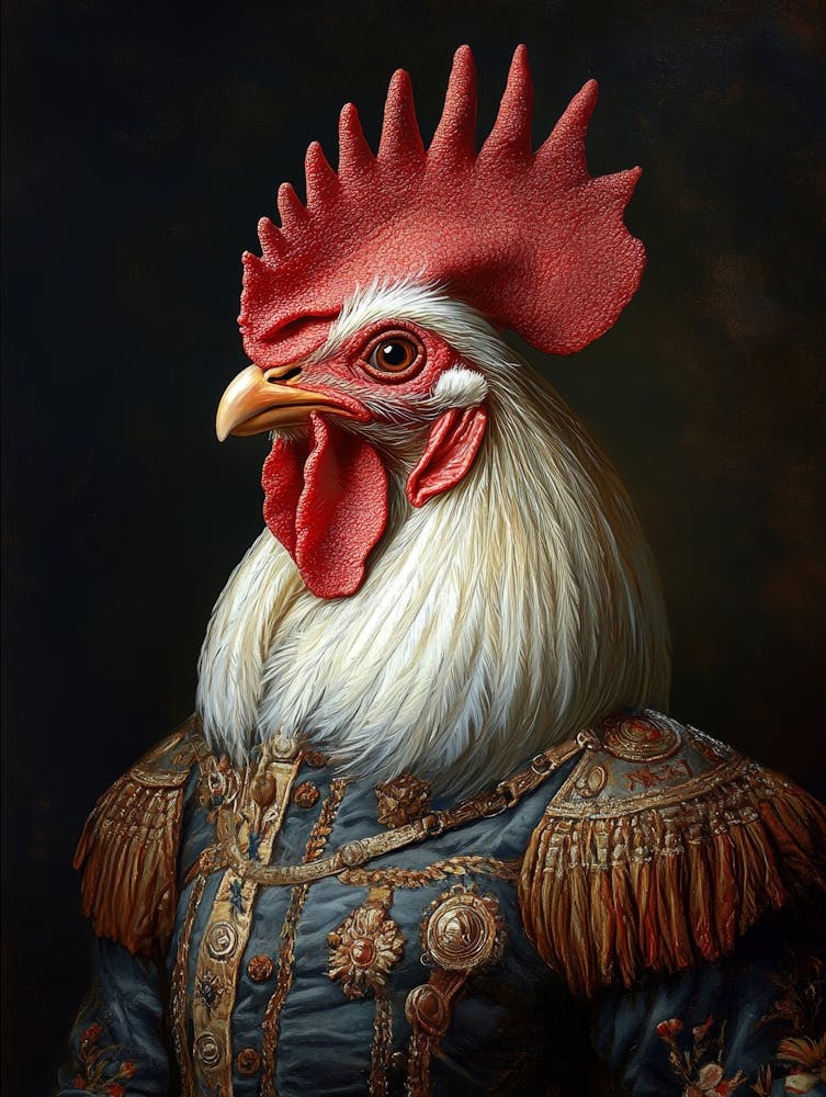 Simulation Of A Classic Oil Painting Of A Rooster Wearing Military Clothing In Renaissance Style