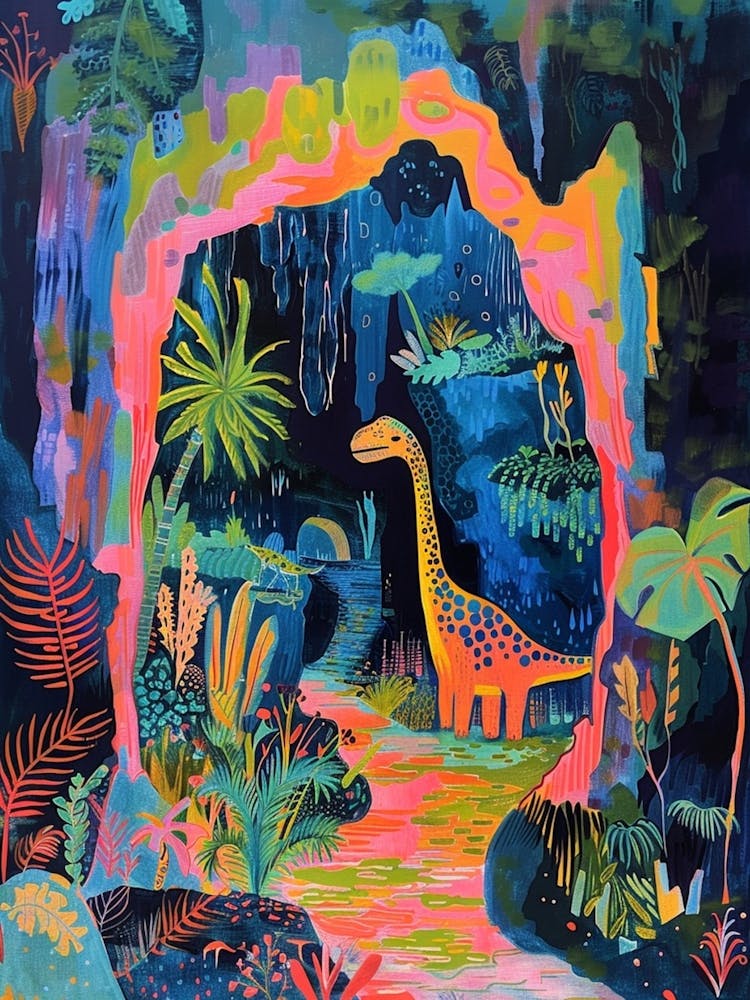 Colourful Dinosaur Tropical Cave Painting