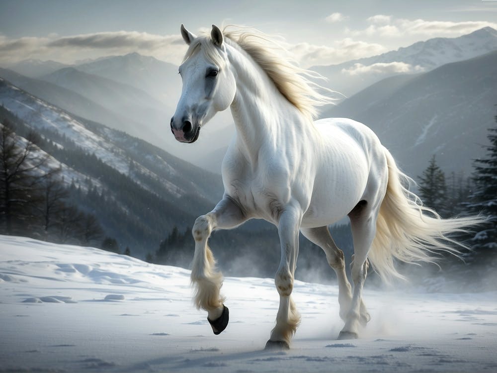 Cheval blanc dans la neige