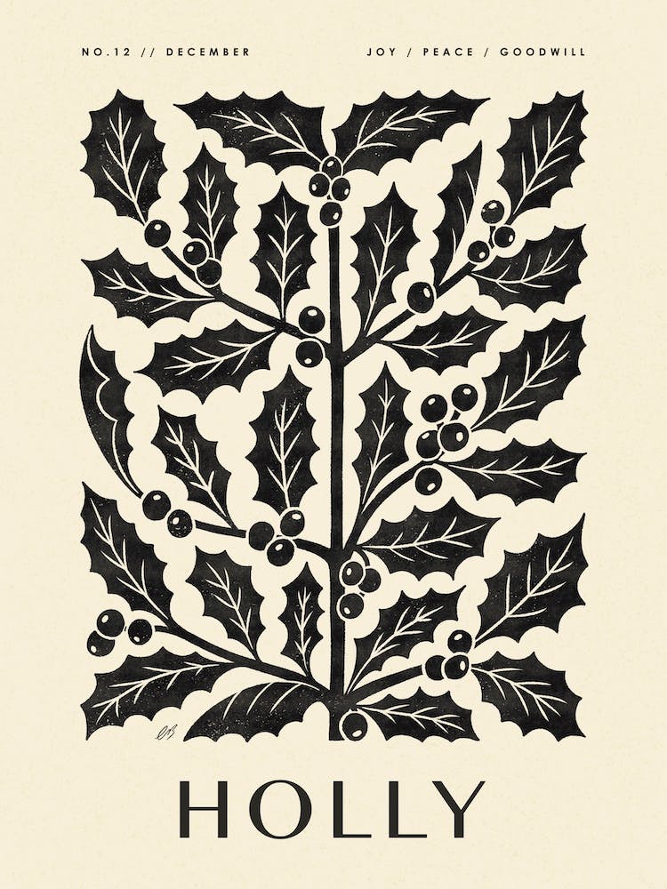 Rustic December Birth Flower Holly Black Cream