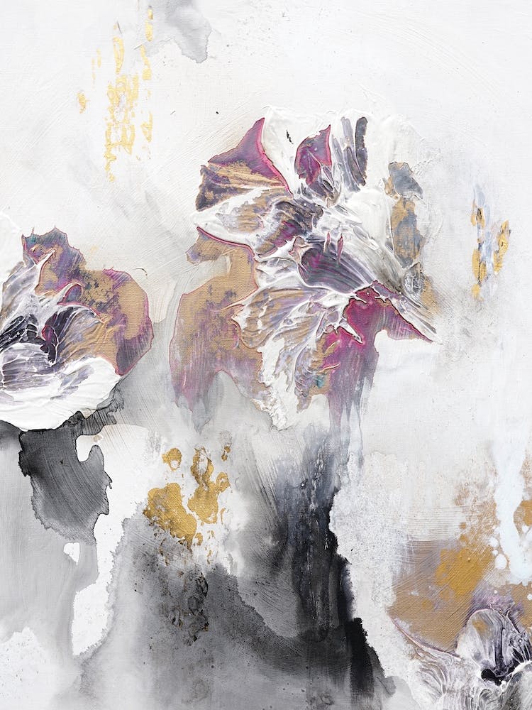 White Gold Grey Abstract Flower Painting