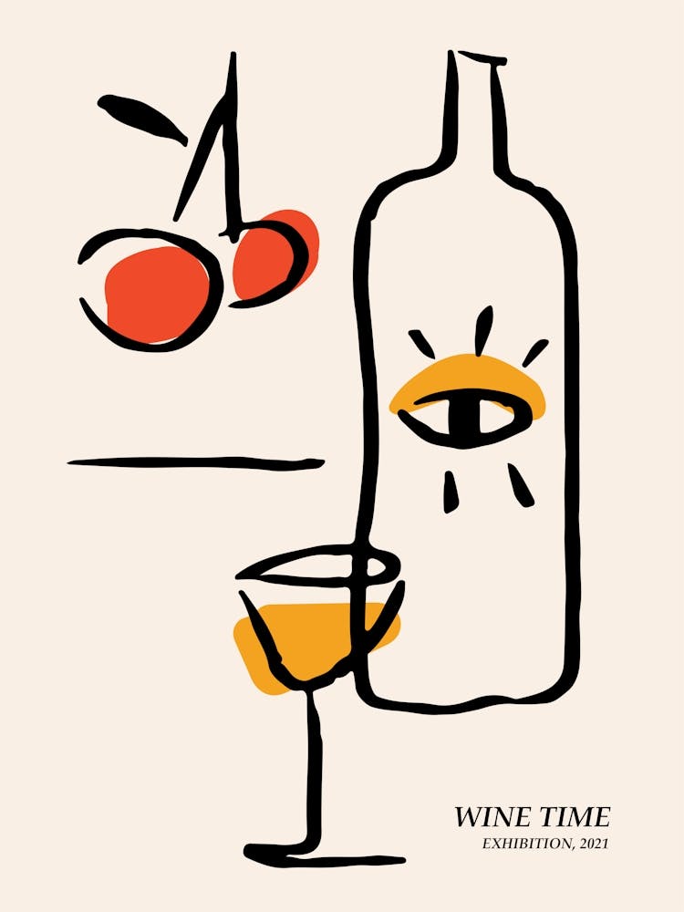 Wine time, Cocktail food, Abstract retro print, Mid century modern, Minimalist