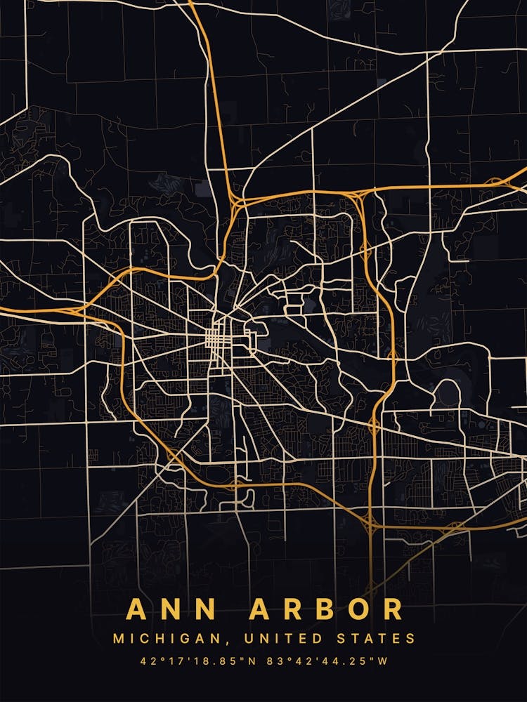 Ann Arbor Michigan United States Black And Gold Map