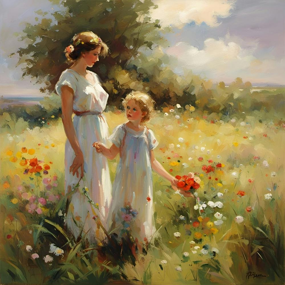 Loving Mother And Daughter In The Meadow