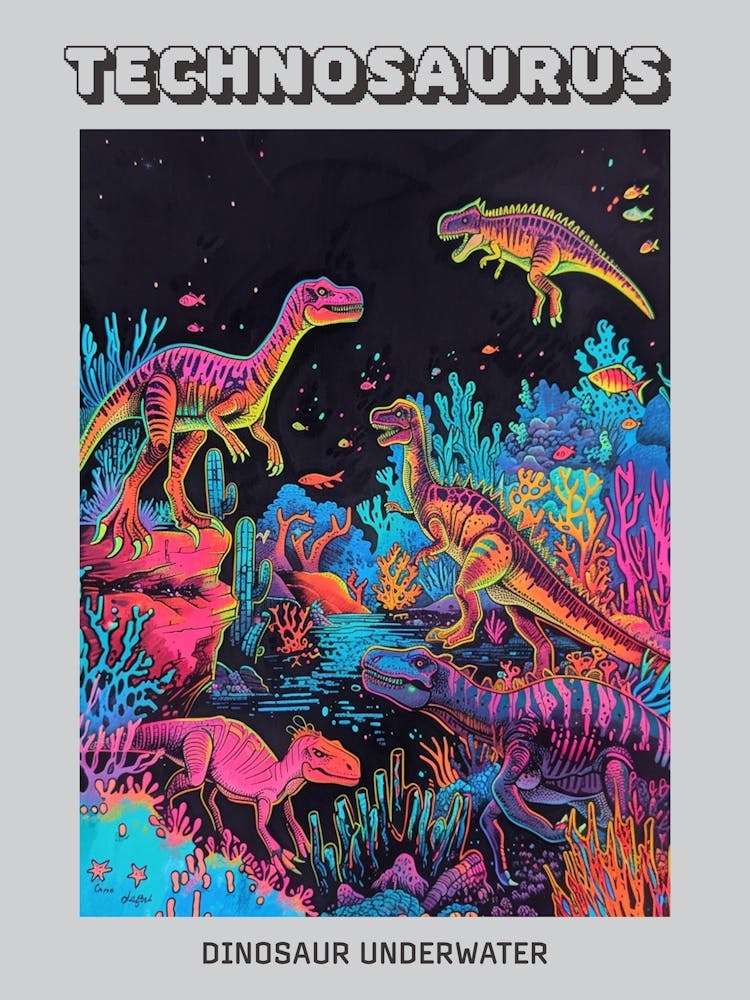 Neon-Dinosaurier Unterwasser Poster