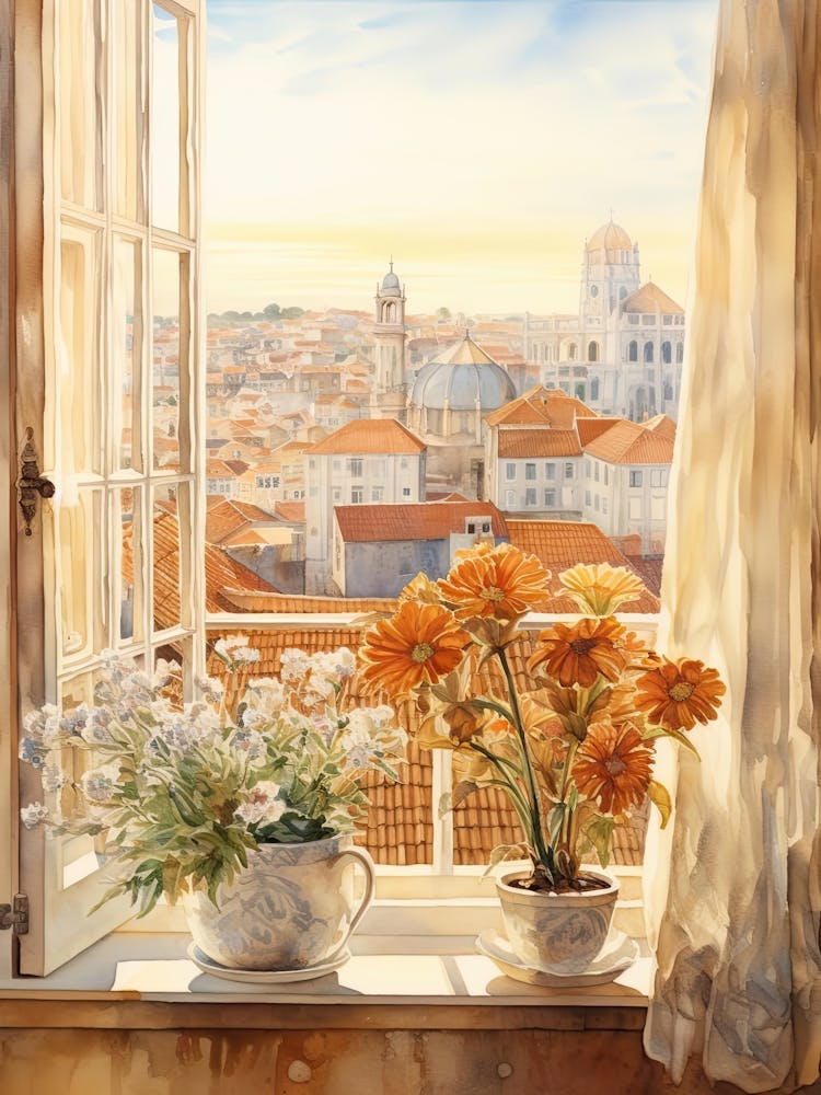 Window View Of Lisbon Portugal In Autumn Fall, Watercolour 4