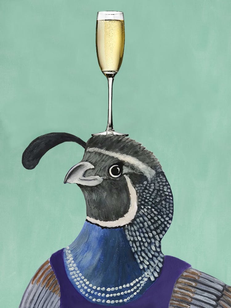Quail With Champagne Glass Green & Grey