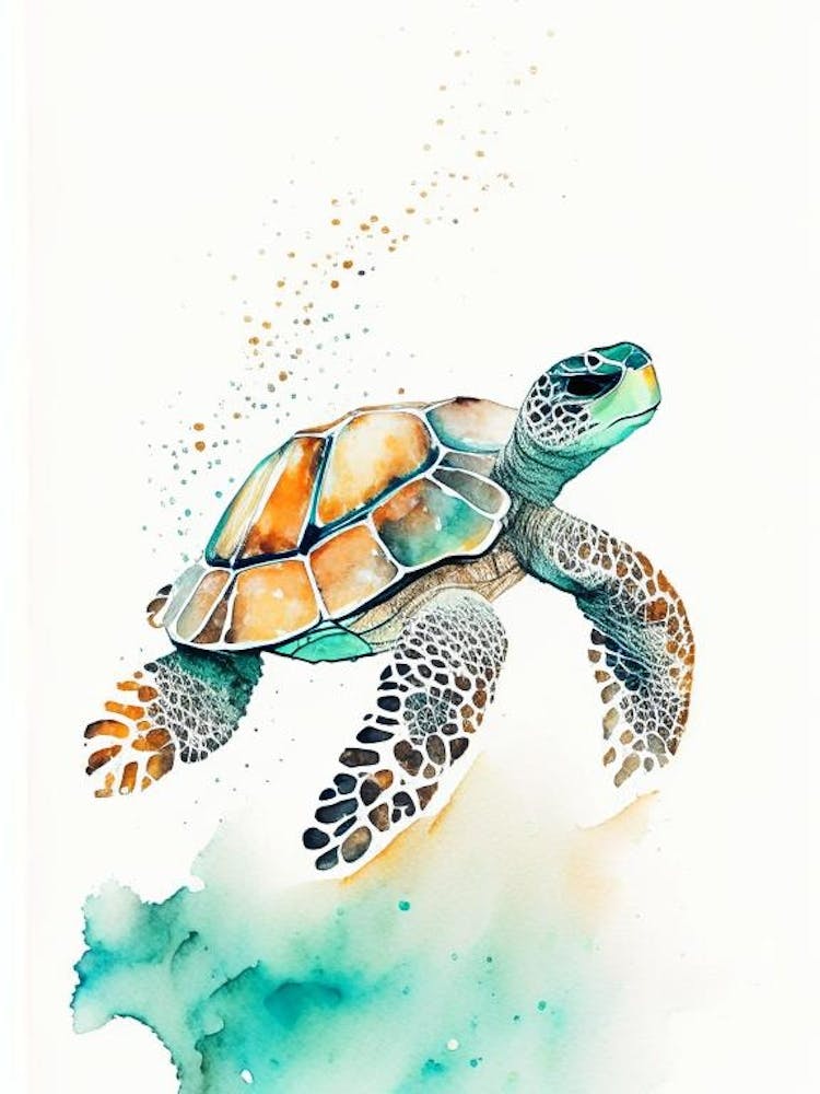 A Single Sea Turtle In Coral Reef, Sea Turtle Minimalist Watercolour 3