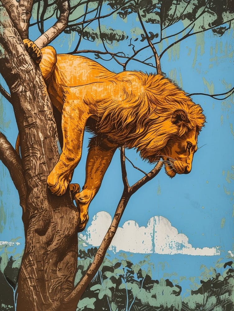 African Lion Relief Illustration Climbing A Tree 3
