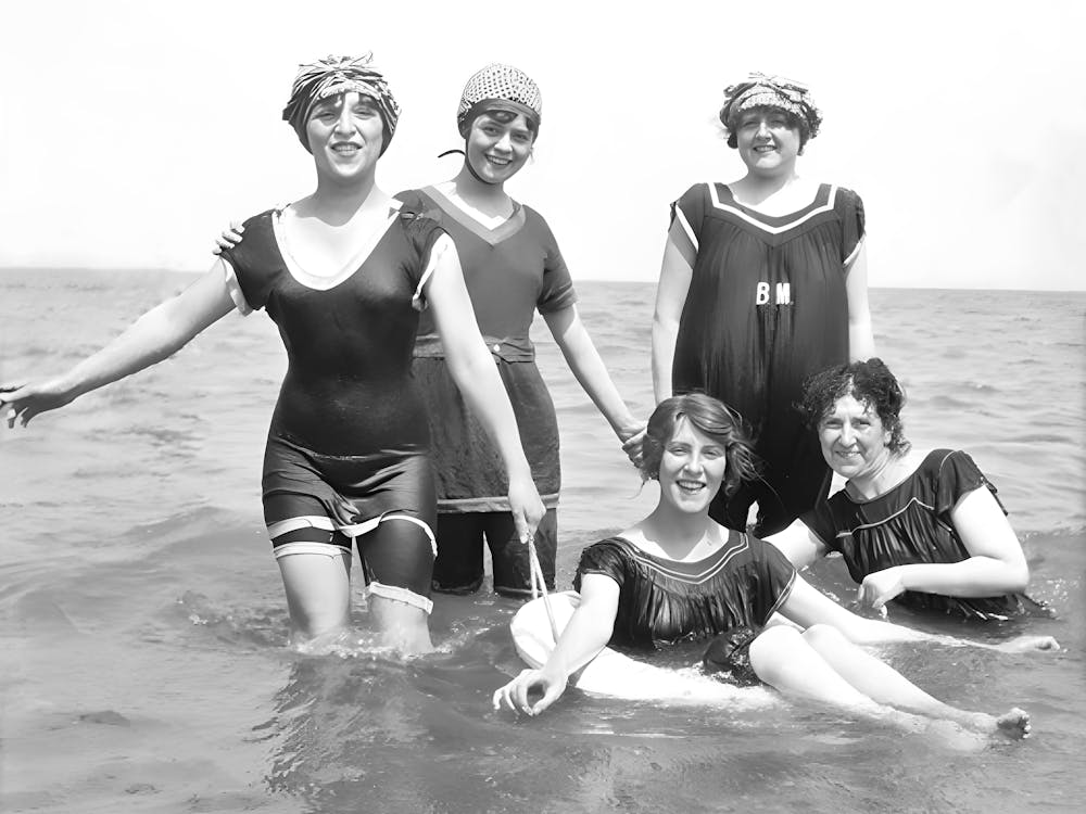Women In Bathing Suits at the Beach, Vintage Black and White Old Photo