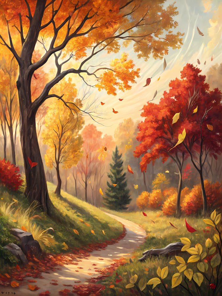 A Colorful Autumn Forest with Falling Leaves Oil Painting Style