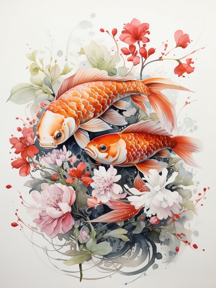 Koi Fish, Japanese Brush Painting, Ukiyo E, Minimal 2