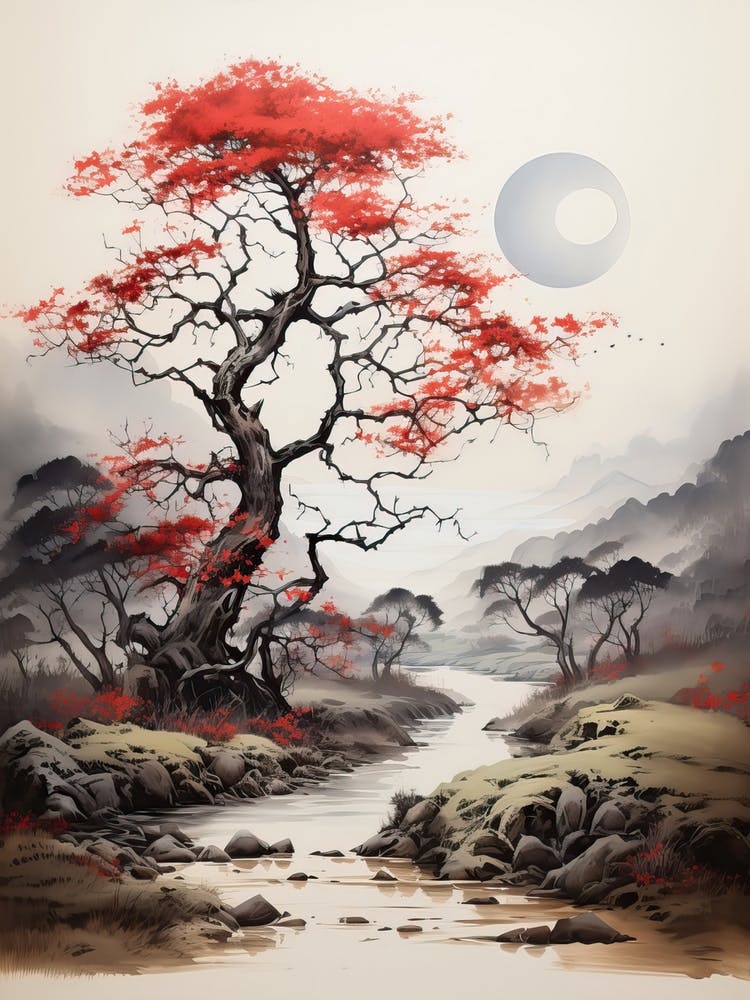 Aso Caldera In Kumamoto, Japanese Brush Painting, Ukiyo E, Minimal 1