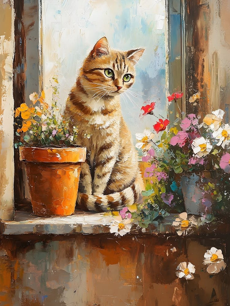 Cat In Window With Flowers 16