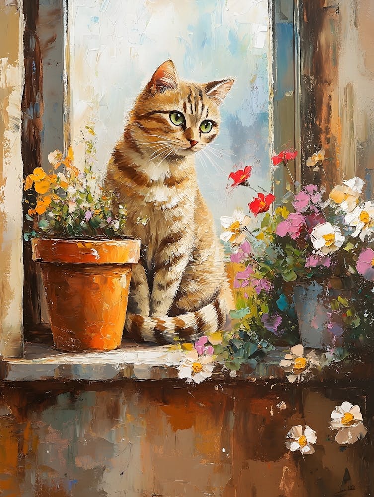 Cat In Window With Flowers 16
