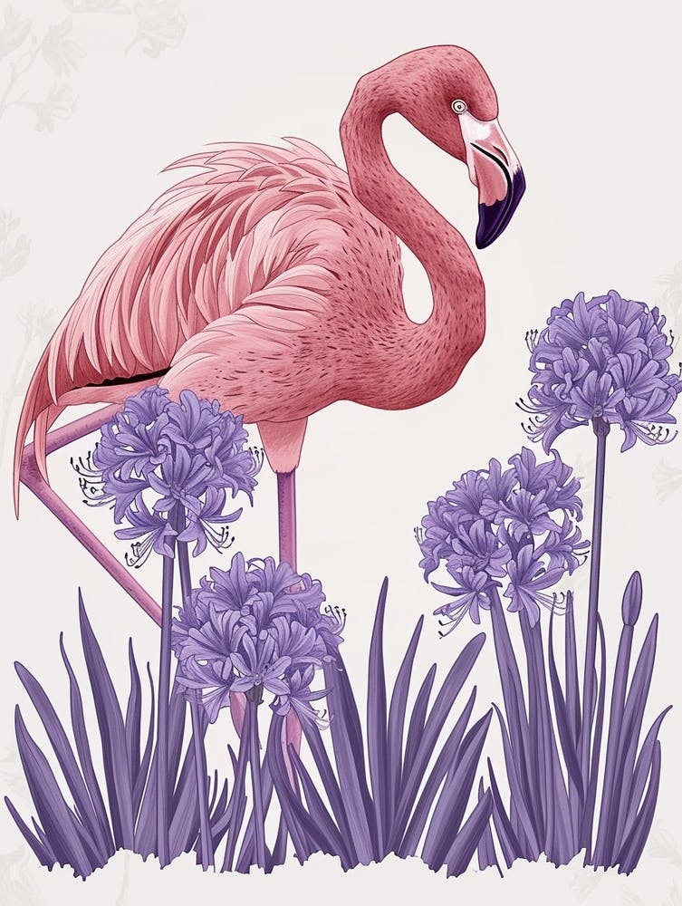 Andean Flamingo And Agapanthus Minimalist Illustration 3