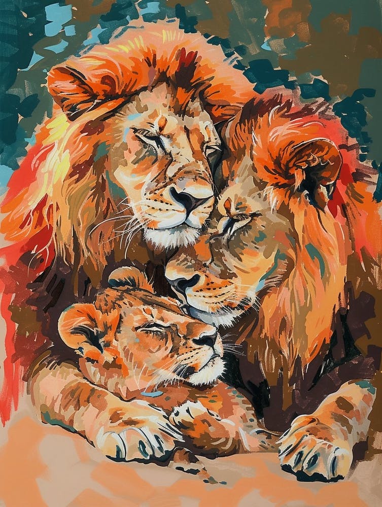 Masai Lion Family Bonding Fauvist Painting 3