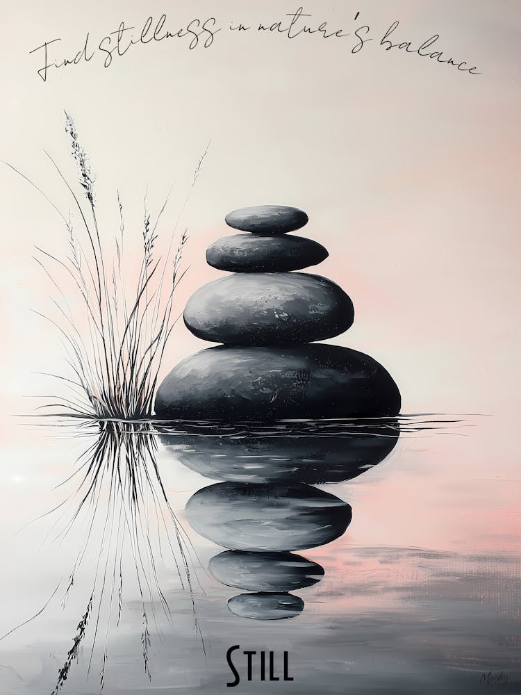 Stacked Zen Stones And Gentle Stream, soft palette watercolor minimalist Calm Poster