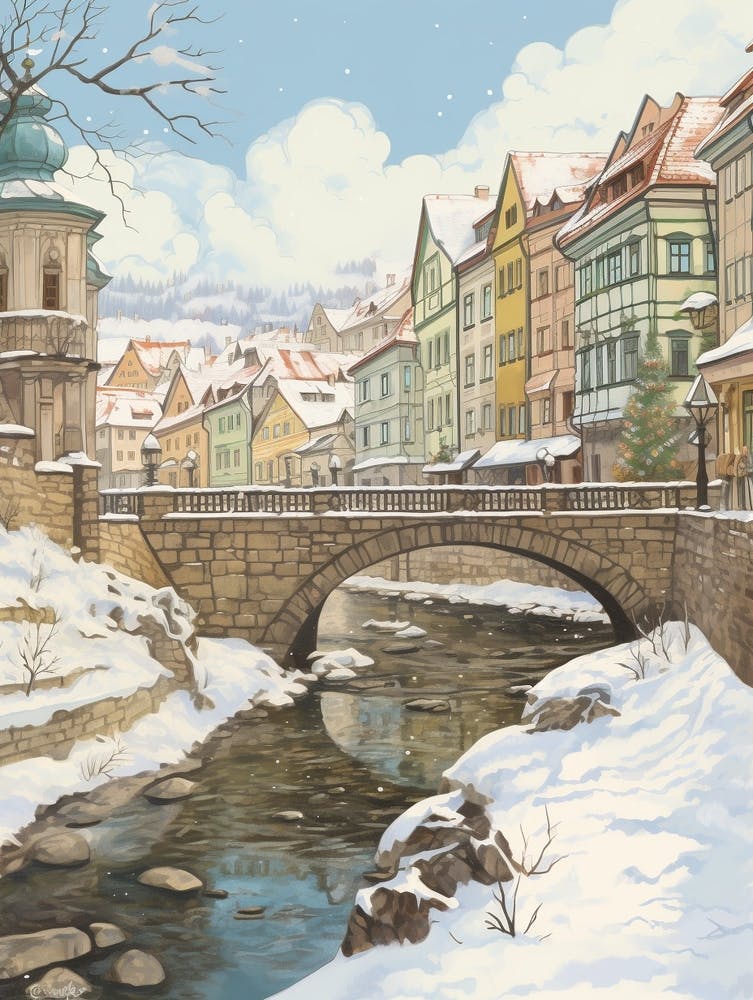 Vintage Winter Illustration Cesky Krumloy Czech Republic 1