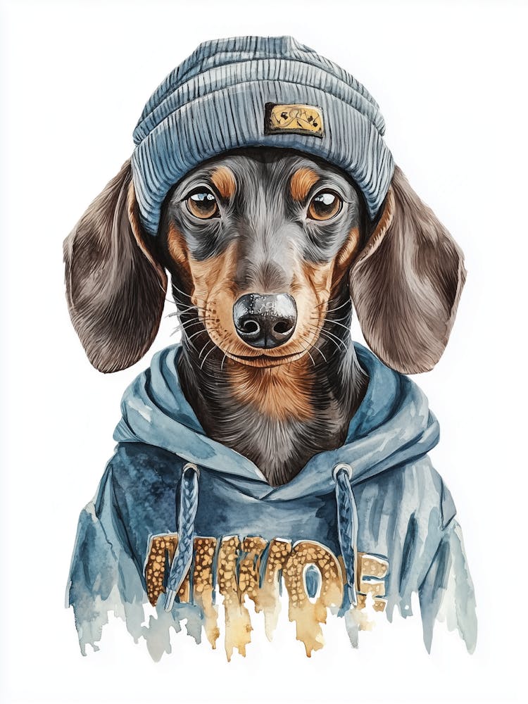 Urban Dachshund In A Hoodie And Beanie