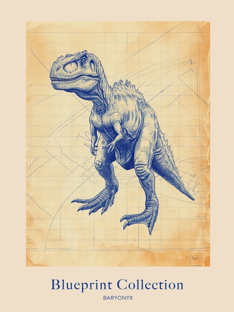Baryonyx Dinosaur Blue Print Sketch 2 Poster