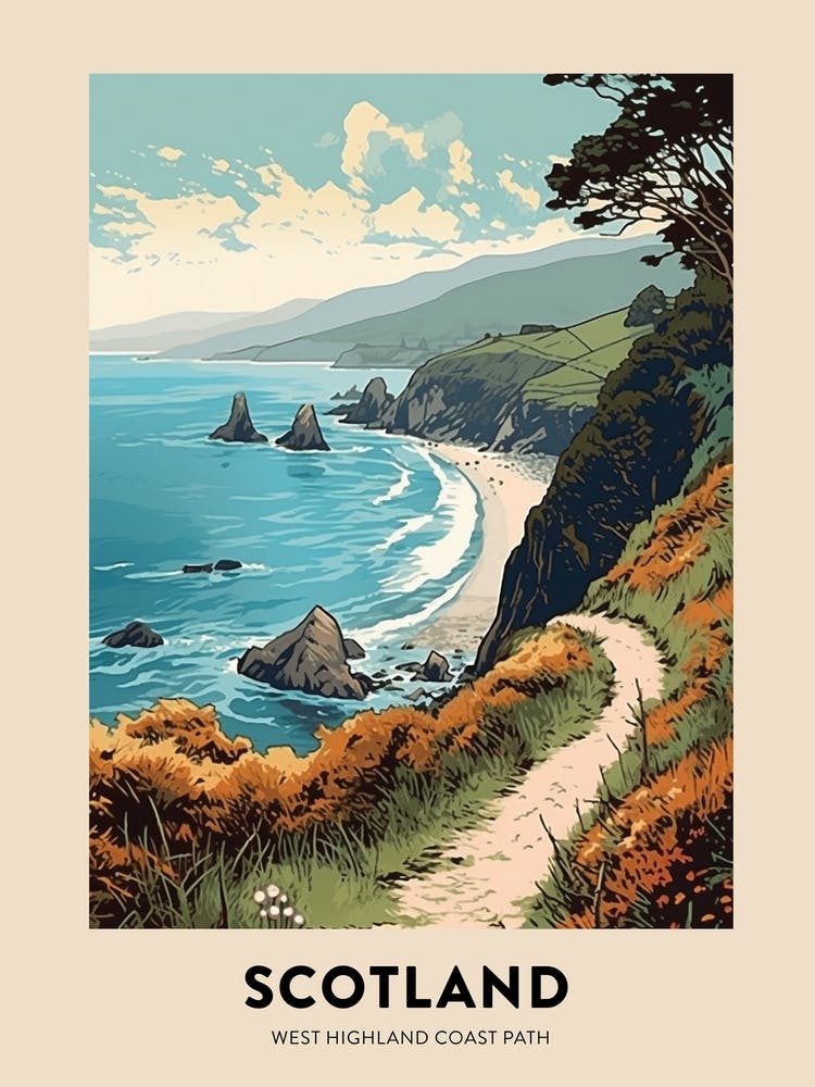 West Highland Coast Path Scotland 1 Vintage Hiking Travel Poster