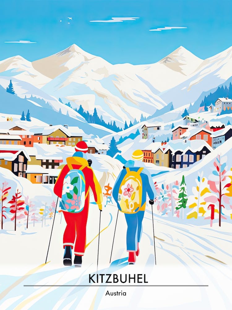 Kitzbuhel Autriche, Affiche Illustration de Station de Ski 0