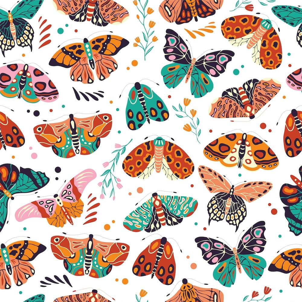 Colorful Hand Drawn Moths And Butterflies Pattern With Florals On White Square