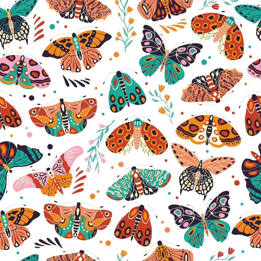 Colorful Hand Drawn Moths And Butterflies Pattern With Florals On White Square