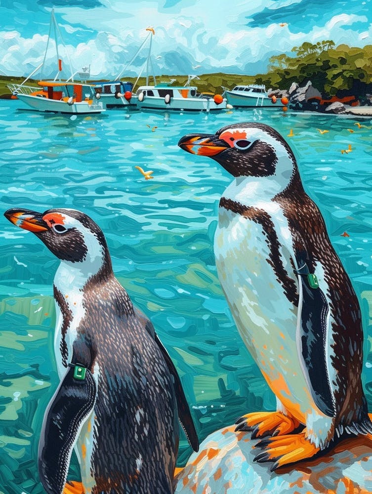 Galapagos Penguin Paradise Harbor Colour Block Painting 1