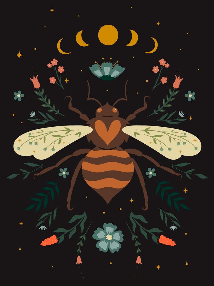 Bee with Moon Phases Scandinavian Folk