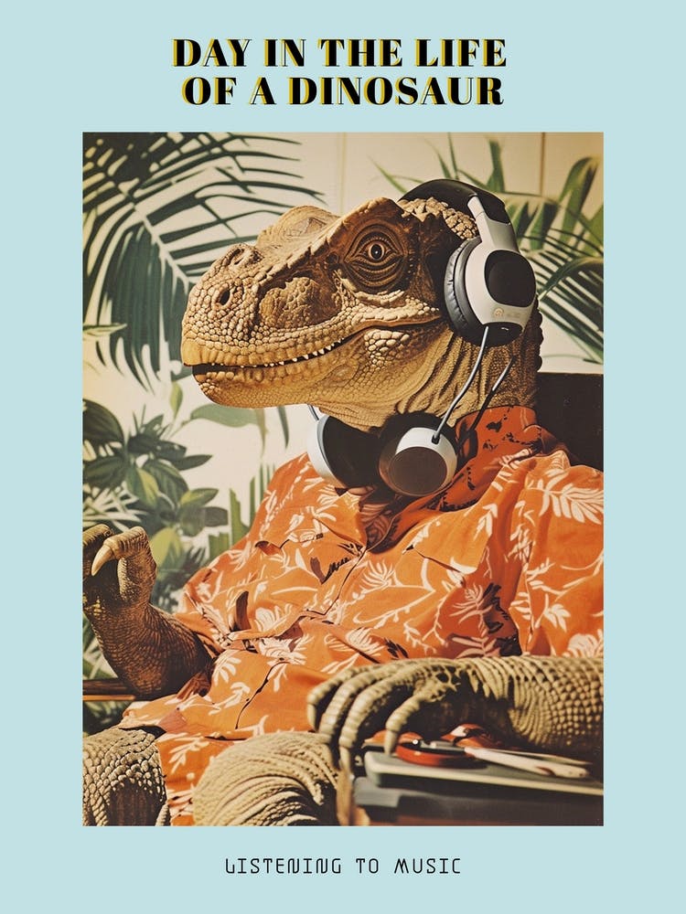 Retro Collage Dinosaur Listening To Music With Headphones 1 Poster