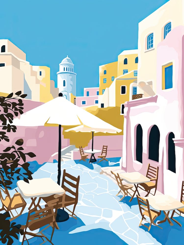 Santorini, Greece, Flat Pastels Tones Illustration 3