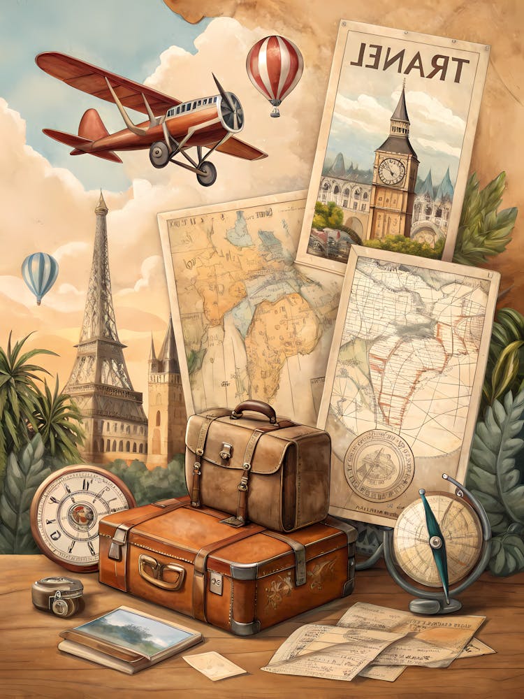 Oil Painting Style Vintage Travel Collage European Landmarks & Hot Air Balloons