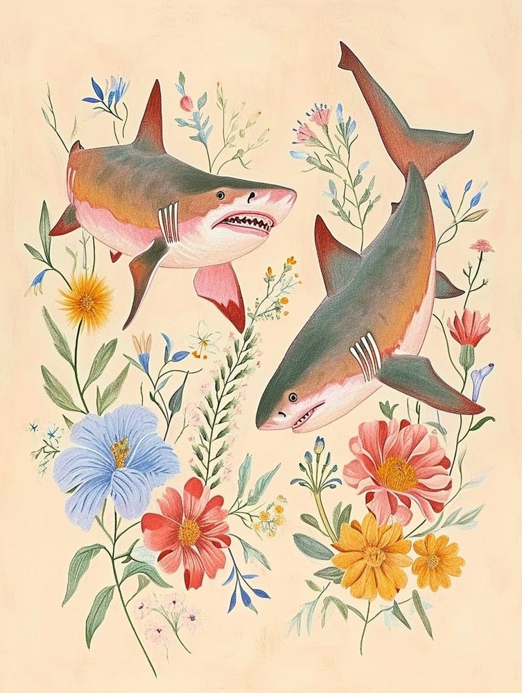 Folksy Floral Animal Drawing Shark 2