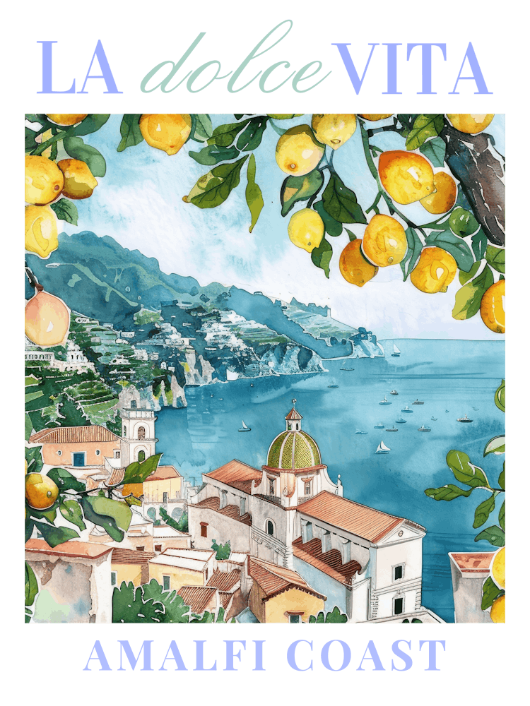 Amalfi Coast Italy Poster , Italian Illustration