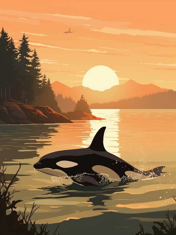 Modern Orca Whale Graphic Design Style In Sunset 3