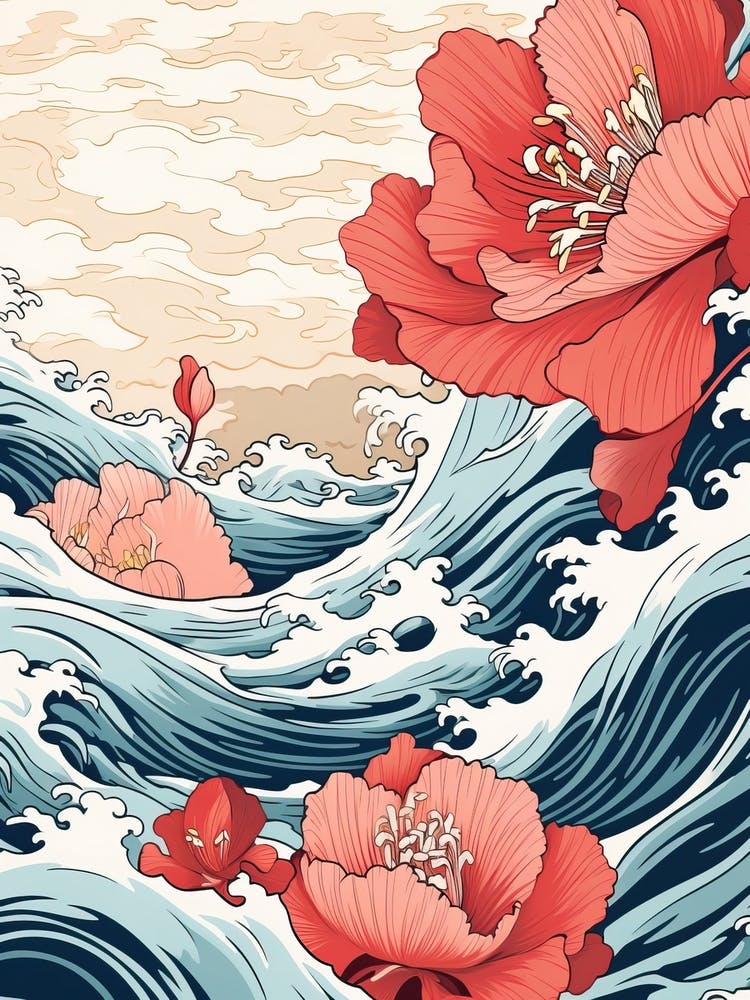 Great Wave With Tulip Flower Drawing In The Style Of Ukiyo E 2