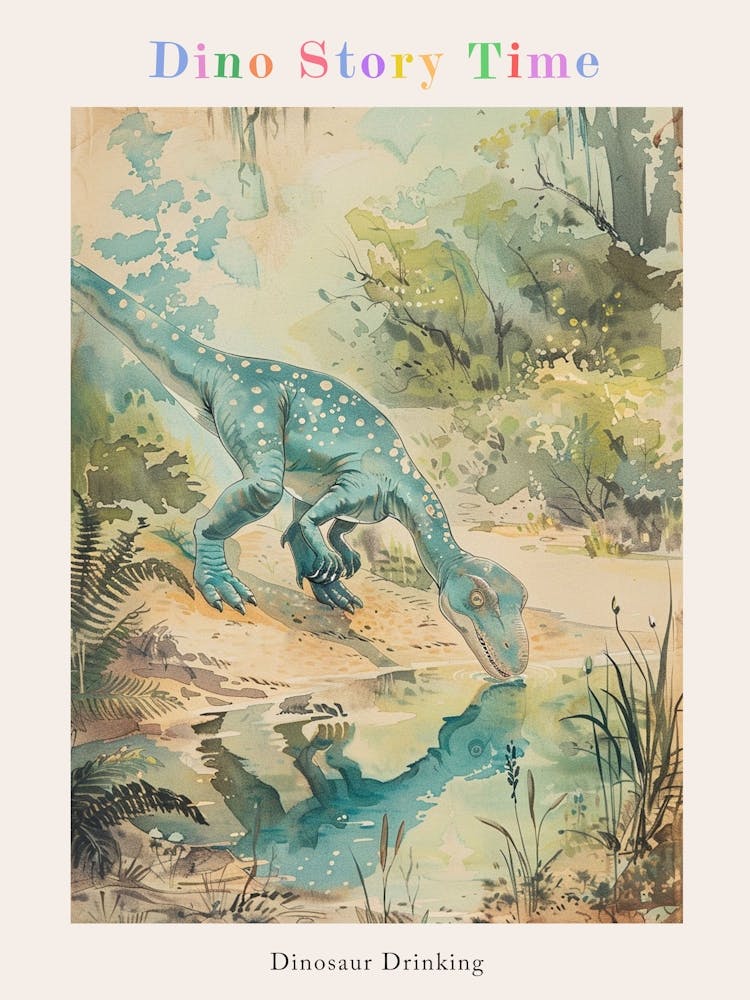 Dinosaur Drinking From A Watering Hole Illustration Poster