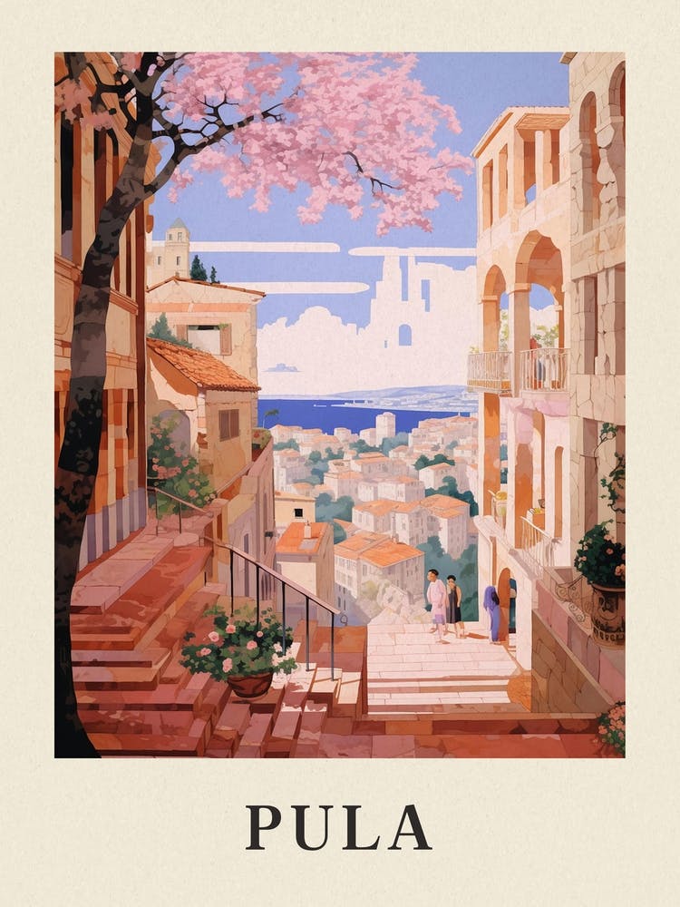 Pula Croatia 2 Vintage Rosa Reiseillustration Plakat