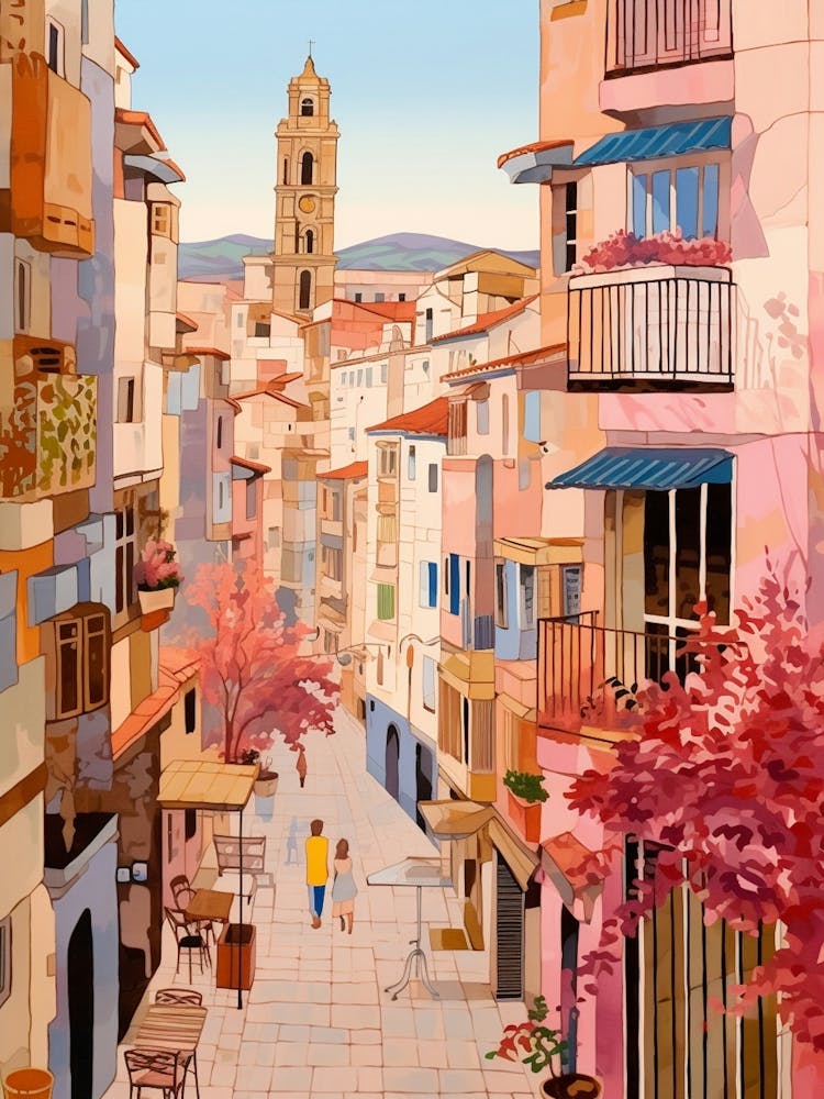 Malaga Spanien 3 Vintage Rosa Reiseillustration