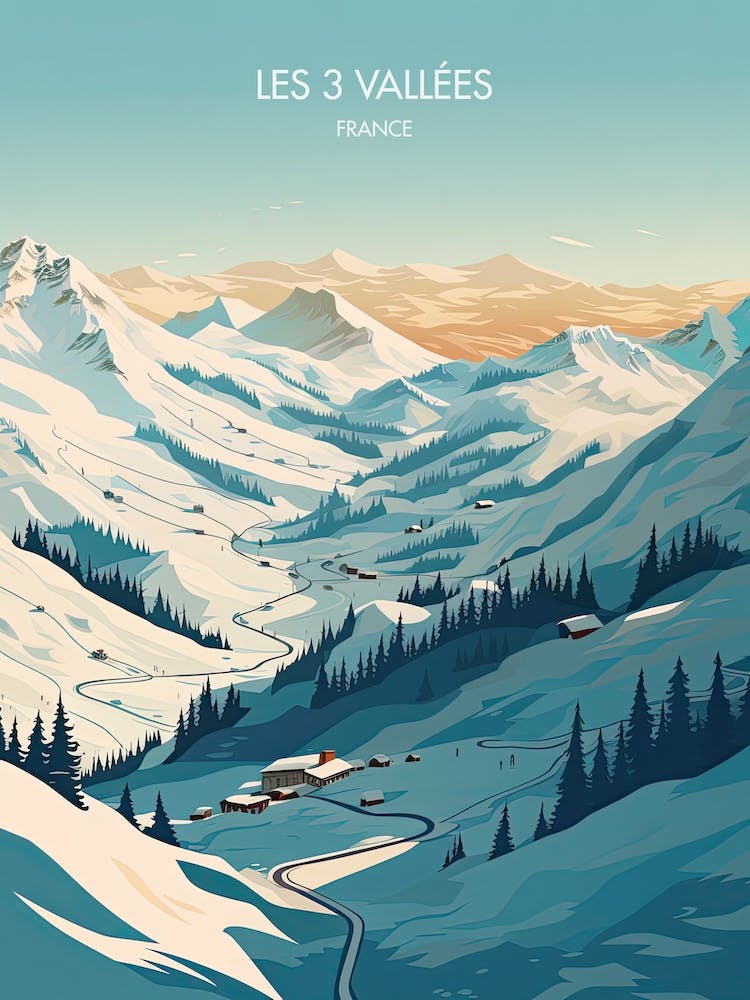 Poster Of Les 3 Vallees   France, Ski Resort Illustration 1