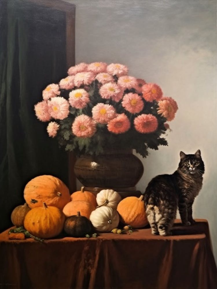 Gemälde eines Stilllebens von Chrysanthemen mit einer Katze, Realismus 1