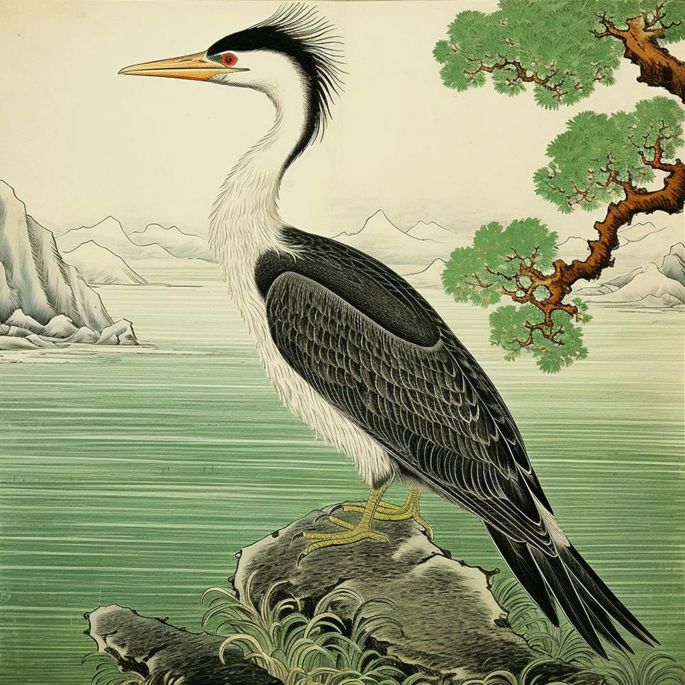 Ohara Koson Inspired Bird Painting Cormorant 1 Square