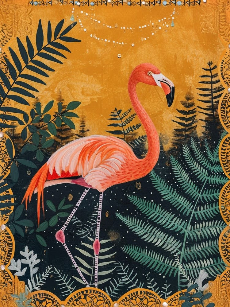 Greater Flamingo And Ferns Boho Print 2