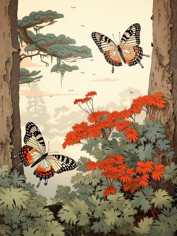 Butterflies In The Woodland Japanese Style Painting 1