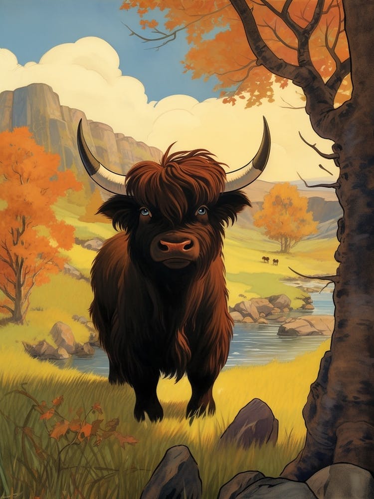 Animated Black Bull In Autumnal Highland Setting 2