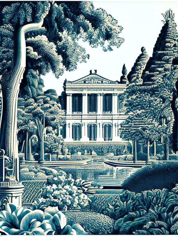 Gardens Of The Royal Palace Of Caserta, 1, Italy Linocut Black And White Vintage